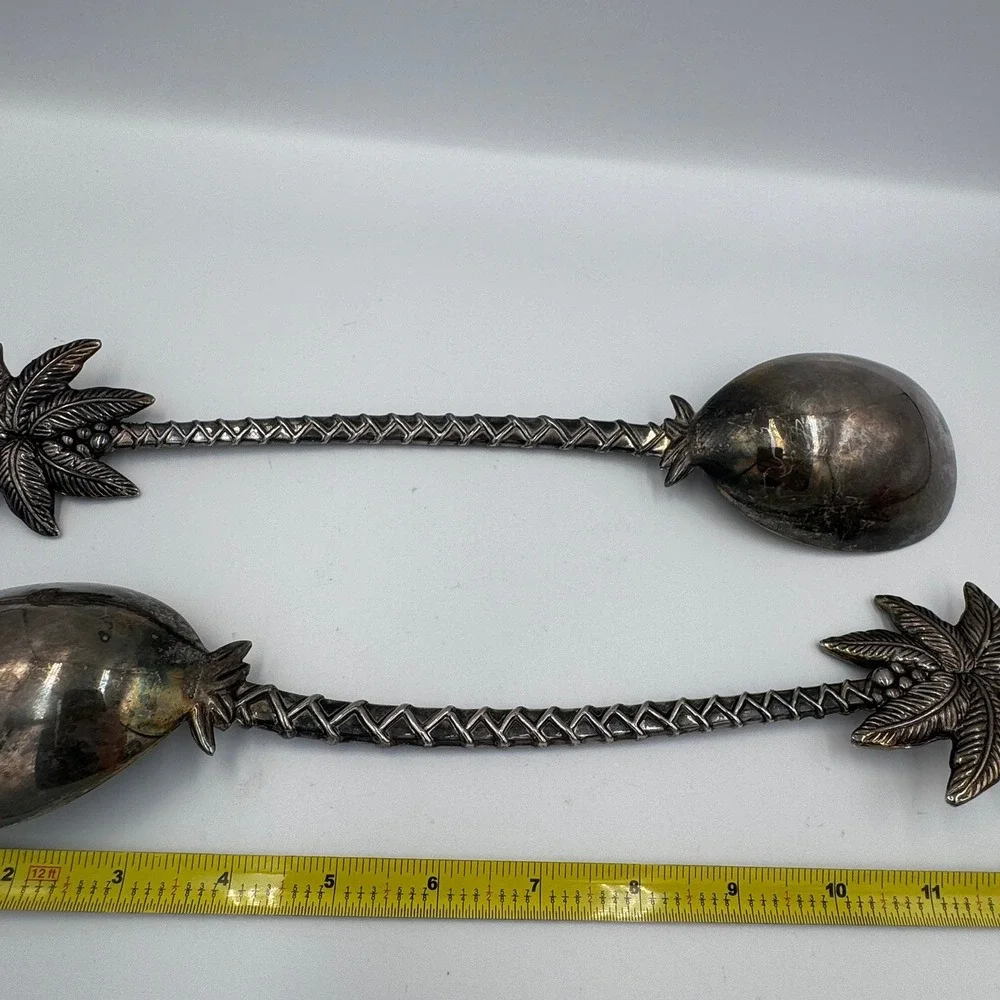 Vintage Palm Tree Salad Serving Set Silver Tone Tropical Coastal Tiki